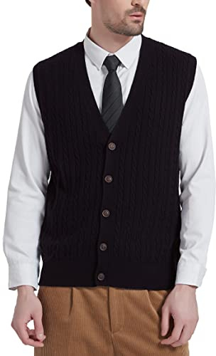 Kallspin Maglione Cardigan da Uomo con Scollo a V e Lavorazione a Cavo con Bottoni in Misto Lana（Nero，S）