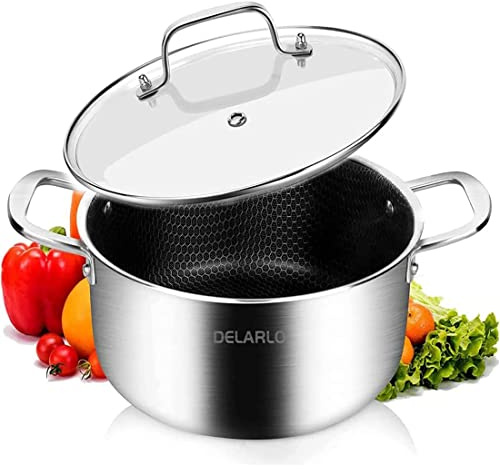 DELARLO Tri-Ply Stainless Steel Stock Pot, 5QT Non Stick Pots, Induction Ready, Cooking Pots with Lids, Stockpot 600℉ Oven Safe, 18/8 Food Grade Cookware, Soup Pot, Energy Saving, Lids 350℉