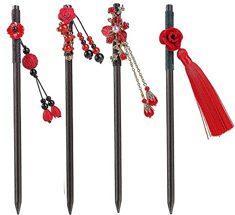YDDZ 4 Pièces Pinces à Cheveux En Bois, Pinces à Cheveux Sculptées à La Main, Pinces à Cheveux Traditionnelles Rétro, Adaptées Aux Femmes à Utiliser à La Maison, Au Bureau Et Dans d'Autres Lieu (B)