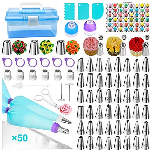 129-teiliges Spritzbeutel mit Tüllen, Torten Zubehör Set, Kuchen-Backzubehör-Set, Russische Paspelspitzen, Edelstahldüsen Backzubehör, Einweg-Spritzbeuteln, ideal für Profi Backen Gebäck (129 PCS)