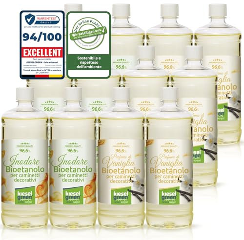 KieselGreen Bioethanolo 12 x 1 litro Set (6x Inodore + 6x con Fraganza) per Caminetto a Etanolo – Bio-etanolo profumato per Ambienti - Profumo per Caminetto a bioetanolo da Interno o da Tavolo V