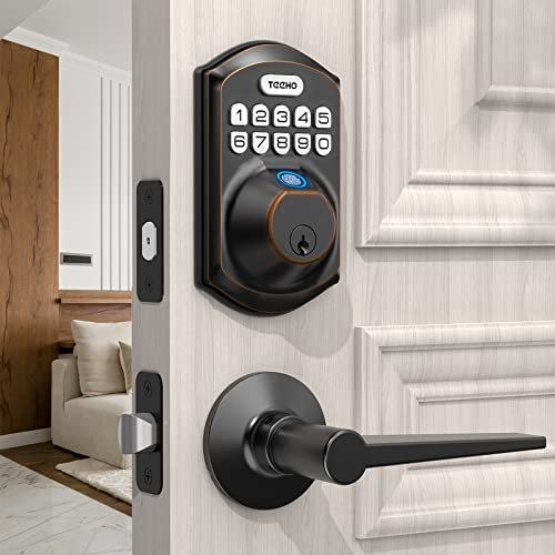 TEEHO TE002L Fingerprint Door Lock with 2 Lever Handles, Keyless Entry Deadbolt with Handle Set, Electronic Keypad Deadbolt for Front Door, Auto Lock and 1 Touch Locking, Oil Rubbed Bronze