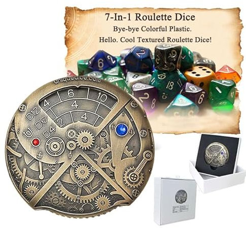 7-in-1 Roulette Würfel Hohle Dungeons und Drachen DND D und D Metall Spinner Würfel Set mit Geschenkbox 7PCS D4, D6, D8, D10, D12, D20 und D% für Dungeons und Drachen RPG Rollenspiel Spiele