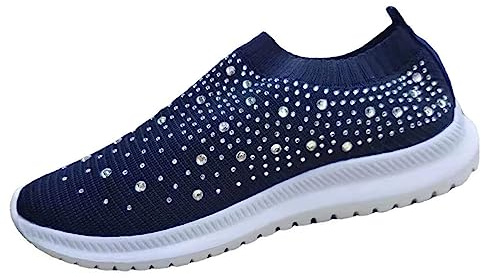 GUTZBSY Womens Rhinestones Glitter Fashion Mesh Walking Shoe,Bling Sneakers for Women Rhinestones (Blue,8)