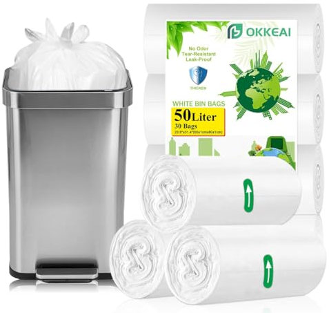 OKKEAI Kitchen Bin Bags 50l Bin Liners White Swing Pedal Waste Bags Large Rubbish Bags 30 Counts Strong Refuse Sacks,Garbage Bags Fit 45-55l Trash Bin
