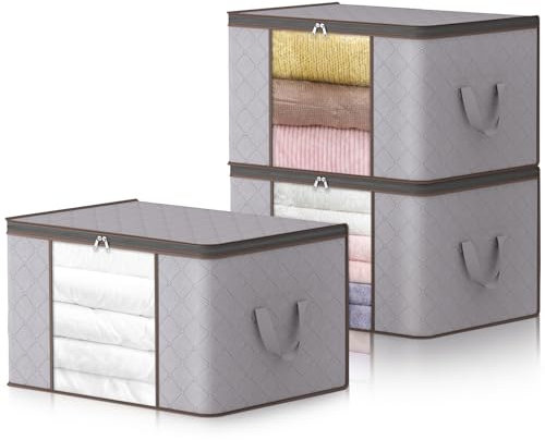 Lifewit 120L Aufbewahrungstasche für Bettdecken, Groß Aufbewahrungsbox mit Deckel Kleidung Aufbewahrung Umzugskartons mit Verstärkt Griff für Kleider Kleidung Bettdecken Bettzeug, 3 Stück, Hellgrau