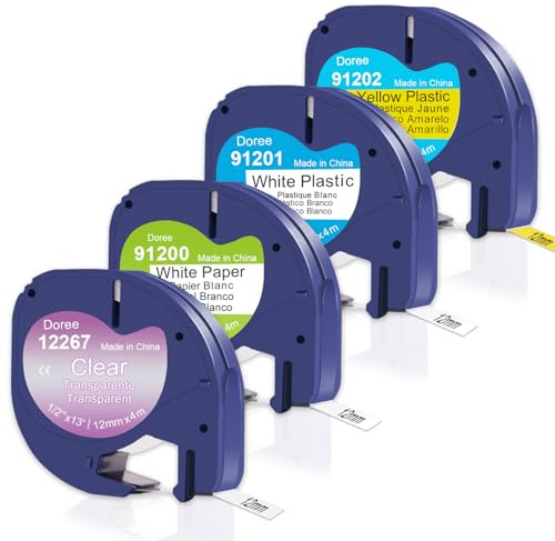 DOREE Lot de 4 rubans de 12 mm x 4 m, compatibles avec les rubans colorés LetraTag 16951, 91220, 91221, 91222, transparent, blanc, jaune. Compatible avec Dymo LetraTag LT-100T, LT-100H Plus, LT-200B