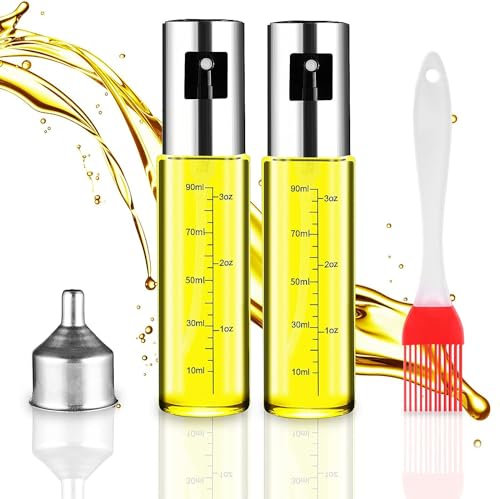 SAEIV Spruzzatore olio per olio da cucina 2 x 100 ml flacone spray con scala flacone spray olio in vetro e acciaio inox olio atomizzatore, spruzzatore di olio, dotato di spazzola per olio e imbuto