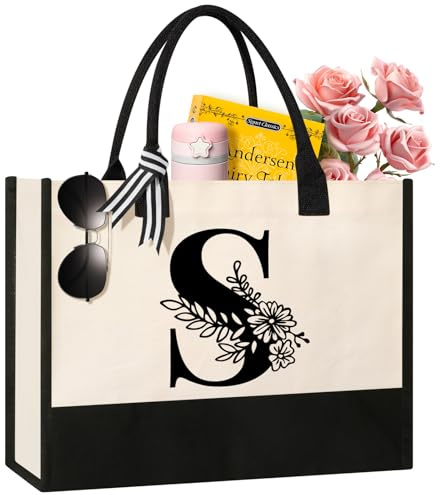 Tecanne Personalized Initial Canvas Tote Bag, Cosmetic Bags, Suitable for Birthday, Wedding, Beach, Holiday, Great Birthday Gifts for Women, Mom, Teachers, Nurses, Best Friends, Bridesmaids (S)