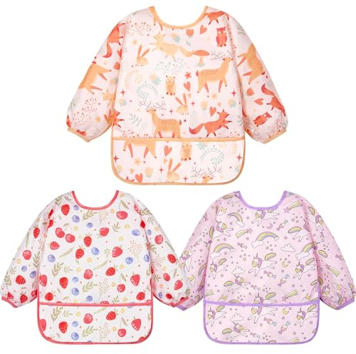 Lictin 3 Pcs Babero con Mangas Impermeable- Babero de Manga Larga con Escote Ajustable,para Bebes de 0 hasta 24 Meses