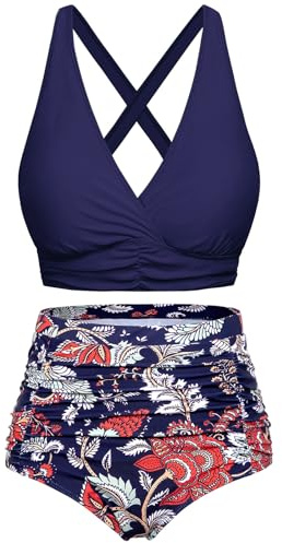 Voqeen Bikini med hög midja push-up baddräkt V-ringad korsade rynkade badkläder med magstöd, tvådelat badkläder, Marinblå, S