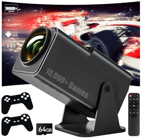 Olycism Mini Beamer 4K 1080P mit 2 Gaming-Controllern und mehr als 10000 Spielen Portable Gaming Beamer 4K Android 13 Bluetooth 5.4 WiFi 6 Auto Keystone Mini Projektor für Handy Laptop