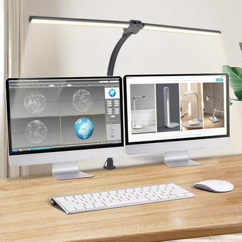 Rosnek Doppelkopf Schreibtischlampe LED Dimmbar, 80CM Klemmbar Homeoffice Tageslichtlampe Schreibtisch Lampe, Schwanenhals Büro Tischlampe Augenschutz Arbeitsplatzleuchte, Schwarz