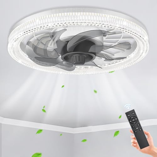 LASANYA Tyst Lampa Med Fläkt E27 För Sovrum, Modern Takfläkt Med Lampa Med Fjärrkontroll Vit, Rund Takfläkt Med Belysning Dimbar Tyst, Kristallskärm Med 4 Vindhastigheter För Vardagsrum, Kök