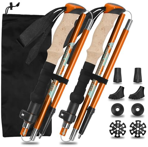 Vtizikl 2025 ultralätta justerbara promenadstänger – 2-pack hopfällbara vandringsstavar med kork/EVA-handtag (110–125 cm) för vandring, artrit och utomhuspromenader – aluminiumlegering (orange)