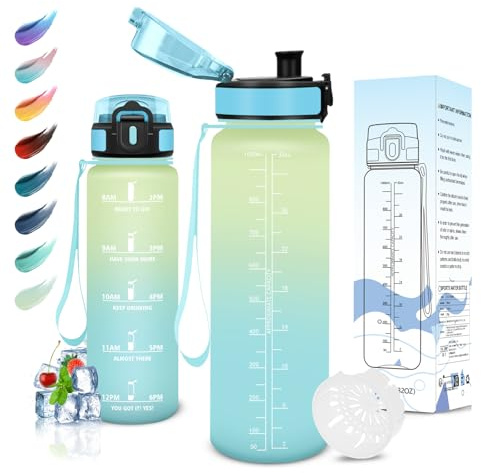 Motswedi Botella Agua, 1L sin BPA, Reutilizable, Cantimplora, con Marcador de Tiempo, Botella Agua Gimnasio, para Niños, Deporte, Running, Gimnasio, Bicicleta, Blanquecino Azul Claro