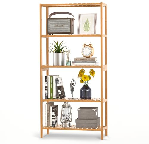 VASMIA Scaffale Legno,Mensole Bagno con 5 Ripiani in Bambù per Bagno, Cucina, Camera da Letto,Porta scarpe salvaspazio,26 x 60 x 130 cm,Naturale