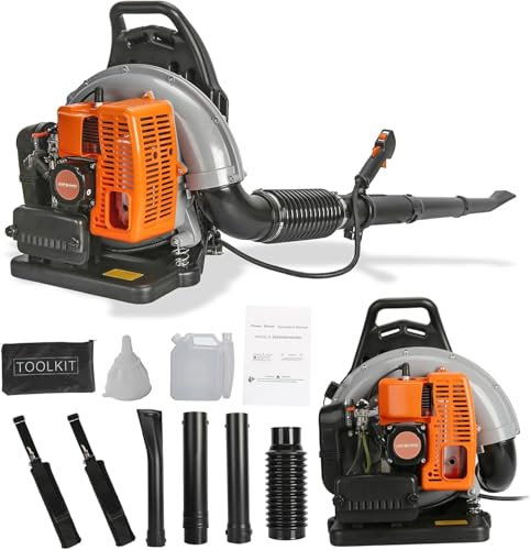 2 Takt Benzin Laubbläser, 63CC Kraftvollem Laubsauger Benzin mit 2,3kW Leistung, 2800 RPM, 6800R/min, 665 CFM, Laubgebläse Benzin für Garten, Laub,Staub & Schnee (Orange)