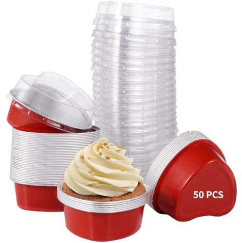 Kronabelle Confezione da 50 teglie in alluminio a forma di cuore con coperchio, 100 ml, mini pirottini da forno in alluminio per eventi come matrimoni, compleanni, festa della mamma e San Valentino