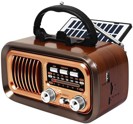 Radio Bluetooth Retro con Batería Solar, Operación USB Recargable/Carga DC 5V, Am/FM/ON, TWS, Reproducción USB/TF, Soporte para Teléfono y Altavoz Portátil - Ideal para Uso Exterior/Domiciliario