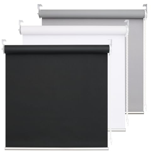 DHSVFCR 100% Blackout Roller Blind, UV Blocking Thermal Insulated Fabric, Child Safe, Easy to Install and Use, Fit Bathroom Kitchen Bedroom Home Office Window, Cord Control, Black 55W x 185H cm