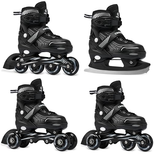 CROXER Optima 4in1 Inline Skates Inline Skates Triskates Rullskridskor / Isskridskor för Barn Och Vuxna Justerbara (Svart, 35-38 (21 cm-23 cm))