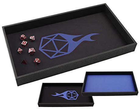 Forged Dice Co. Dice Tray 14 - Double Sided and Removable Neoprene Rolling Dice Mat - for Any Dice or Board Game, Tabletop RPGs Like D&D Pathfinder Roleplaying Game Black Tray w/Blue D20 Icon Mat