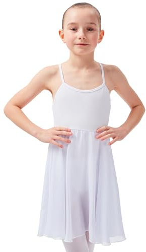 tanzmuster ® Ballettkleid Mädchen Träger - Alma - aus weicher Baumwolle mit langem Chiffon Röckchen Trikot Ballettanzug Ballettbody fürs Kinder Ballett in weiß, Größe:140/146