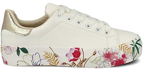 PAYMA - Chaussures de Sport Sneakers Baskets pour Femme. Plateforme. Tennis de Sport, Décontracté et Marcher. Fermeture à Lacets. Intérieur Matelassé. Coleur: Blanc Fleur. Taille: EU 37