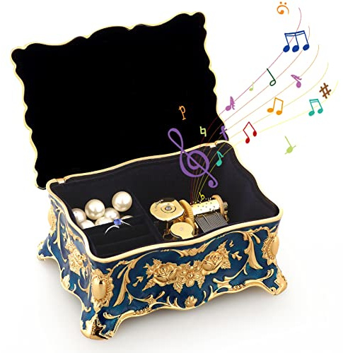 ROSIKING Blue Rectangle Emboss Alloy Metal Music Box Wind Up Antique Jewelry Musical Boxes Christmas Birthday Valentine's Day Gifts Plays Anastasia-Once Upon a December