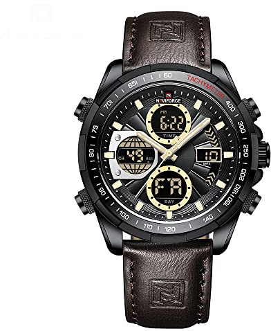 NAVIFORCE Men's Military Digital Watches Analog Quartz Waterproof Watch Sport Multifunctional Leather Wristwatch
