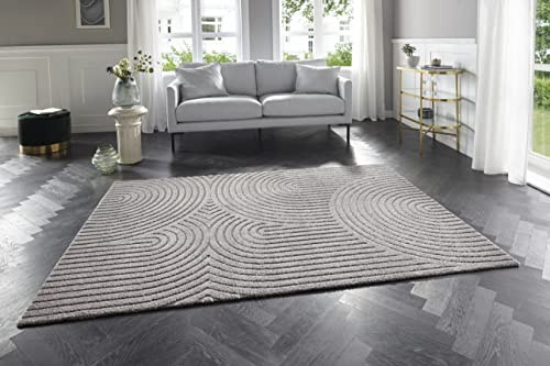 Elle Decoration Panglao moderner Hochflor Teppich - Wohnzimmerteppich Flauschig – Hoch-Tief Skandi Boho Style Wellen - für Wohnzimmer, Schlafzimmer, Küche, Flur - Grau, 80x150cm