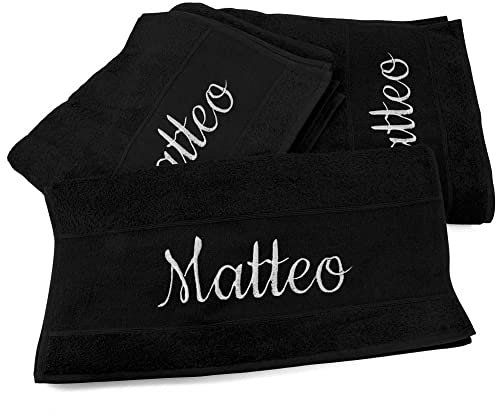 Handtücher 3er Set mit Namen oder Wunschtext bestickt - Farbe Schwarz - 3 verschiedene Größen: 180 x 100 cm, 140 x 70 cm und 100 x 50 cm, personalisiertes Duschtuch - Badehandtuch, 100% Baumwolle