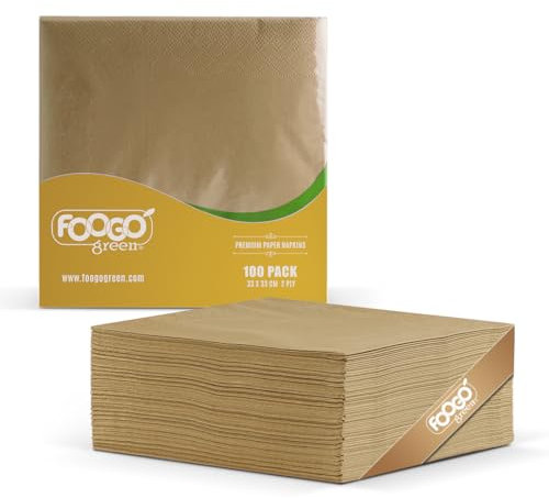 FOOGO Green 100pcs Brown Unbleached Paper Napkins, FSC® Certified, 33 x 33 cm, 2 Ply Strong Paper Serviettes, Fully Home Compostable, Super Soft Paper Tissues, Cocktail Disposable Napkins