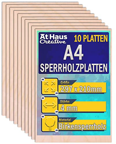 AtHaus 10 x A4 Sperrholzplatte 4mm | 297 x 210 mm | Birkensperrholz | Perfektes Blatt für Laserschnitt, CNC Router, Brandmalerei, Laubsäge, Durchbrochenes | Dünne Holz-Zuschnitt