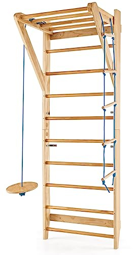 GYMAX Sprossenwand aus Holz, Turnwand Indoor, Kletterwand für Erwachsene & Kinder, Sportgerät Klettergerüst 100 kg belastbar, Schwedische Leiter, Klimmzugstange, Seil-Leiter, Trapez