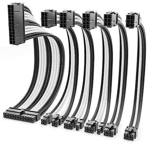 deleyCON Netzteil Kabel Verlängerung Set 6-Teilig 30cm - Grafikkarte PC Computer Mainboard ATX 24-Pin EPS 4+4-Pin PCI Express 6+2-Pin & 6-Pin Stromkabel Stecker auf Buchse Schwarz Weiß