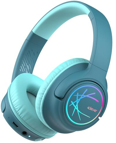 iClever Bluetooth kopfhörer Kinder mit LED-Leuchten, 74/85dBA Lautstärkebegrenzung, 43 Stunden Spielzeit, Stereo-Sound, Typ-C, AUX-Kabel, Bluetooth5.3 Kinderkopfhörer für Tablet/Reisen
