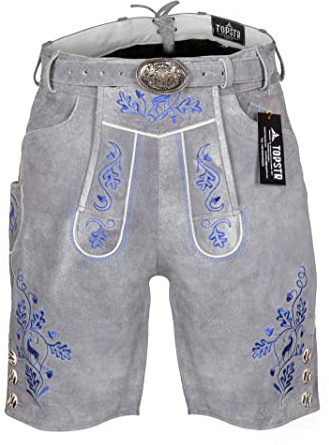top str Herren Oktoberfest Trachtenlederhose Bayrische Lederhose Kurze Lederhose mit Trachtengürtel Grau Gr. 44-64 (46)
