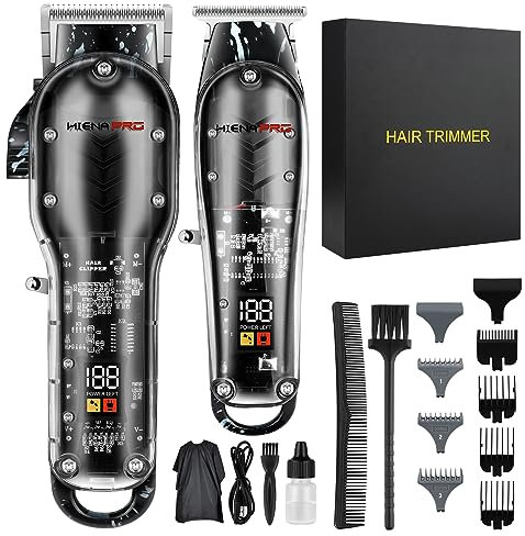 Hiena Pro Set di tagliacapelli da uomo + fodera a T, tagliacapelli professionale senza fili per taglio dei capelli con display a LED, regali per uomini, Nero