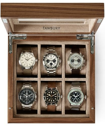 TAWBURY Wooden Watch Case - 6 Slot Wood Watch Box for Men & Women with Glass Display, Protective Fully Lined Interior and 2-inch Wide Pillows for Large Watches (Light Walnut)