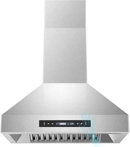 Tieasy 30 inch Range Hood, Wall Mount Kitchen Hood 900 CFM Ducted/Ductless Convertible with Gesture Sensing & Touch Control, Stainless Steel Vent Hood 3 Speed Exhaust Fan, 4 Baffle Filters