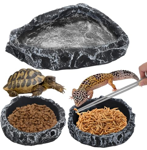 4 Pack Reptile Feeding Dish Reptile Food Water Bowl with Reptile Feeding Tongs Reptile Plate Dish for Feeding Tortoise Dragon Leopard Gecko Lizard, Black