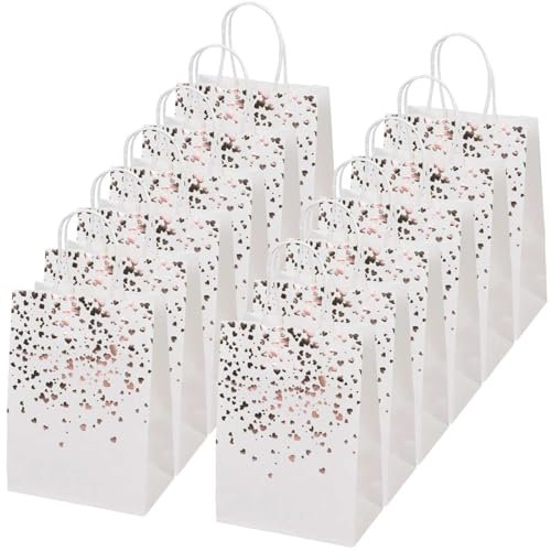 Bikasun 12 Stück Geschenktüten aus Kraftpapier, Papiertüten mit Henkel, Geschenktasche Bronzing Kraft Tasche mit Gold Herz Verzierung, Weiß Geschenk Papiertüten für Hochzeit Geburtstag Party