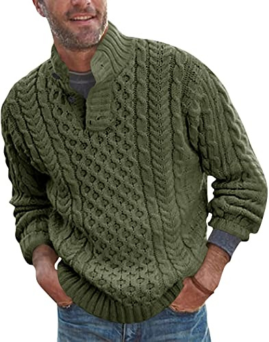 Runcati Pull pour homme en grosse maille à col boutonné en tricot décontracté, Vert, XXL