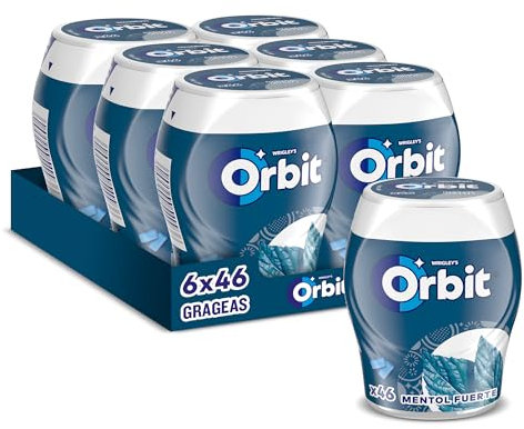 Orbit Bote de Chicles Sin Azúcar Sabor Mentol Fuerte, Intenso y de Larga Duración en formato Gragea (6 x 46 chicles)