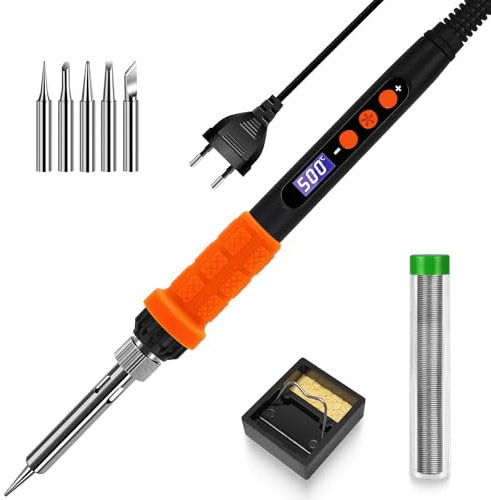 Lötkolben-Set mit LCD-Anzeige, 100W LED-Display einstellbare Temperatur, Lötkolben mit automatischem Schlafmodus, Lötpistole mit 5 Lötspitzen, Lötzinn, Ständer, Schweißwerkzeug Blau