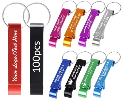 BEXOA 100 Pcs Personalised Bottle Opener Keyring - Bulk Customised Text/Logo Keychain Wedding Favors for Guests Party Gifts (100 PCS)