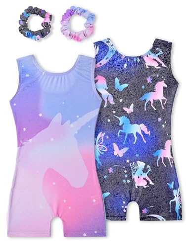 Tstiti Gymnastics Leotards for Girls 2 Pack Sparkly Kids Biketards Dance Unitards Matching Hair Scrunchies