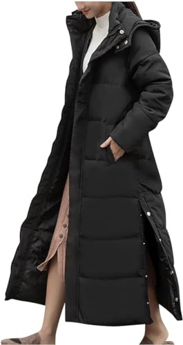 Long Winter Coats for Women UK Plus Size Puffer Jackets Solid Color Down Coats Windproof Trench Coat Hooded Oversized Overcoat Zip Side Split Warm Parka Padded Coat Loose Fit Extra Ankle Length